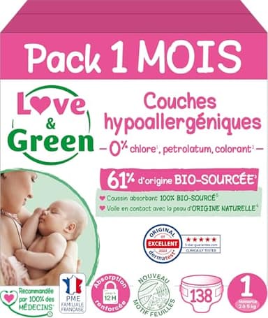 Love & Green - Couches Bébé Saines et Ecologiques - Taille 1 (2-5 Kg) - Pack 1 Mois (138 Couches) - Absorbante, anti-fuites et sans ingrédients indésirables