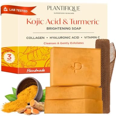 PLANTIFIQUE Turmeric & Kojic Acid Soap | Savon Visage Corps au Curcuma avec Filet Africain | Skincare Coréenne Anti Tache Antiseptique Femme Homme | Savon Éclaircissant Peau Noir Efficace | 3 Barres