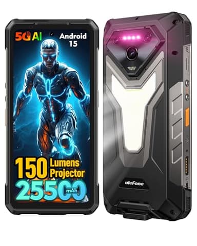 Ulefone Armor 34 Pro IA Smartphone Incassable 5G, Android 15 Téléphone Portable avec 150-lumens Projecteur, 25500mAh, 32Go+512Go Dimensity 7300, 6,95"FHD+/120Hz, 64MP Vision Nocturne/Camping Lampe/OTG