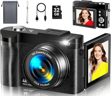 Appareil Photo Numérique, 4K 50MP Appareil Photo Compact avec Écran Rabattable 180° Caméra de Vlogging avec Carte 32GB, Zoom Numérique 16X pour Débutants, Adolescents