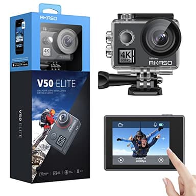 AKASO Caméra Sport 4K 60fps 20MP WiFi Télécommande Commande Vocale Ecran Tactile EIS Caméra Sportive Etanche sous Marine Angle Vision Réglable 8X Zoom 2 Batteries et Kit d'Accessoires V50 Elite