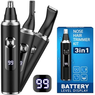 Tondeuse Nez, 3-En-1 Tondeuse Nez Oreilles Homme, LED Batterie Affichage Rasoir pour Sourcil,Barbe et Cheveux,Corps, USB-C Professionnel Epilateur Double Tranchant Indolore, Hommes et Femmes, IPX7
