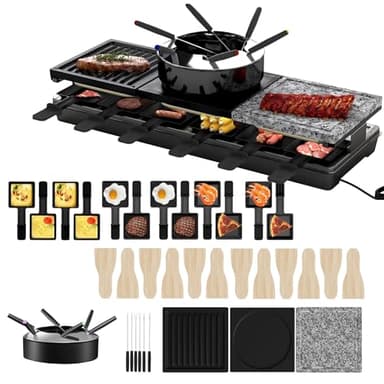UISEBRT Barbecue à raclette pour 12 personnes, appareil à raclette 3 en 1 avec poêlons, set à fondue, pierre chaude, 12 poêlons et 12 spatules en bois, barbecue à raclette antiadhésif 1650 W