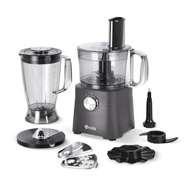 AMSTA AMFP275G, Robot de cuisine multifonction, Bol 2 litres, Blender 1.8 litres, 2 vitesses + Pulse, Pieds antidérapants, Lames acier inoxydable