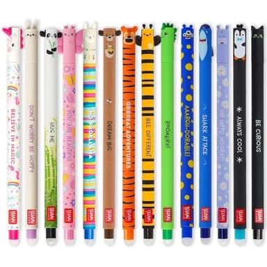 LEGAMI Lot de 14 stylos gel effaçables avec encre thermosensible, gamme de couleurs d’encre, forme conique, pointe de 0,7 mm, en forme d’animaux