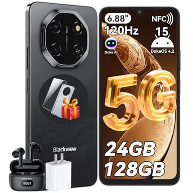 Blackview Shark 6 Smartphone 5G, Telephone Portable Pas Cher 6.88'' HD 120Hz, Android 15, Unisoc T8100, 24GB+128GB/2TB TF, 5000mAh, 16MP+8MP, 5G Dual SIM/OTG/NFC/Face ID/Fingerprint