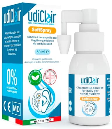 Spray Auriculaire pour Bouchon de Cérumen 50ml - UdiClair SoftSpray Traitement Nettoyant Oreilles Adulte Enfant Dissolution Rapide avec Jet Nébulisé - Solution Isotonique à La Camomille Made in Italy