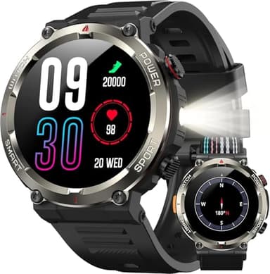 IOWODO Montre Connectée Homme, Appels Bluetooth, Batterie 960mAh, Boussole, Lampe de Poche, 100+ Modes Sportifs, Analyse de la Fréquence Cardiaque et du Sommeil, Android/iOS
