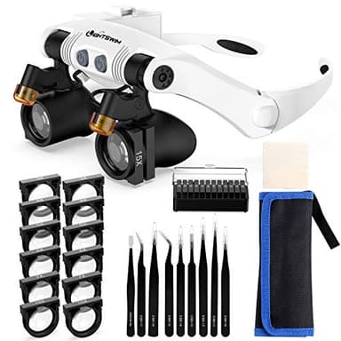 Lightswim Loupe Serre-tête avec lumière LED, Loupe Mains Libres avec 2 lumières LED Lentille Interchangeable 3X 4X 5X 6X 7X 10X 15X pour la Lecture de l'artisanat Montre Réparation Bijoux Loisirs