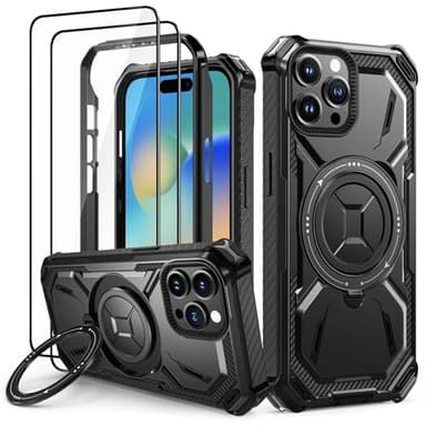 Lanhiem Coque pour iPhone 15 Pro Max avec 2 Verre Trempé, Antichoc Étui de Militaire Protection, Anneau Support Renforcée Armure Etui pour iPhone 15 Pro Max Housse, Noir