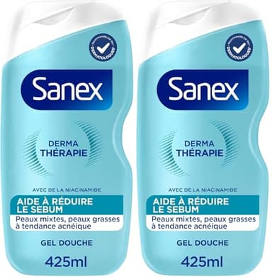 SANEX - Derma Thérapie - Gel douche anti-acné réduisant la production de sébum - Peaux mixtes à grasses - Complexe d’acides aminés et niacinamide - Préserve la barrière cutanée - 425ml (Lot de 2)