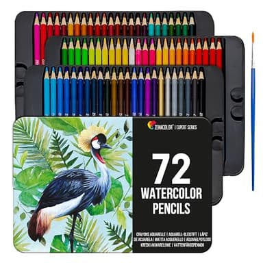 Zenacolor 72 Crayons Aquarellables, avec Pinceau et Boîte en Métal - Set de 72 Couleurs Uniques et Solubles - Dessin, Esquisse, Coloration - Pour Adultes, Enfants, Artistes ou Professionnels
