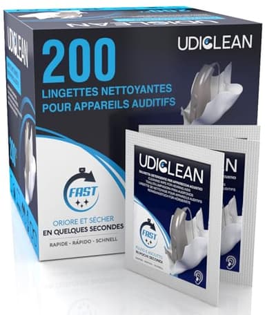 200 lingettes humidifiées Udiclean emballées individuellement pour les appareils auditifs et les implants cochléaires Les lingettes à séchage rapide éliminent la graisse la sueur et la saleté