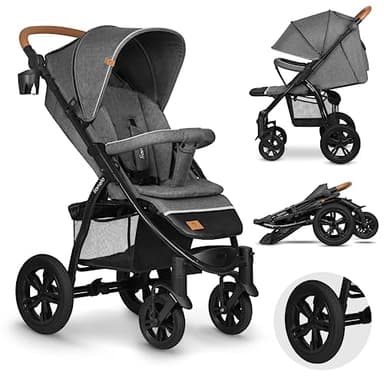 LIONELO Annet Tour poussette canne universelle jusqu'à 22 kg, réglage du dossier jusqu’à la position allongée, roues sans entretien, auvent imperméable XXL, ceintures à 5 points (gris)