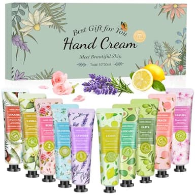 Creme Main, 10 Lot Creme pour Les Mains Coffret Cadeau de Crème Mains, Mini Lotion Crème Hydratante Parfumée pour Les Mains et Les Pieds, Petit Cadeau pour Femmes, Maman, Petite Amie, Fête des Mères
