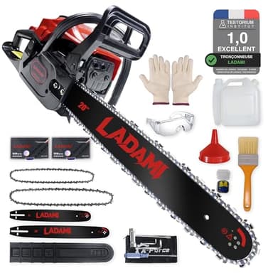 LADAMI Tronçonneuse thermique 58cm³ professionnelle, moteur 2 temps, 3,5CV, avec guide-chaîne de 50 cm et 40cm, 2 chaînes, idéale pour l'entretien des arbres, l'exploitation forestière et le jardinage