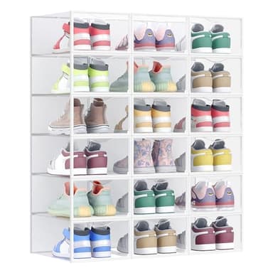 SONGMICS Boîtes à Chaussures, Organisateurs en Plastique, avec Porte, Lot de 18, Empilables, Montage Facile, 33,2 x 23 x 14,5 cm, pour Pointure jusqu'à 43, Transparentes et Blanc Nuage LSP318W01