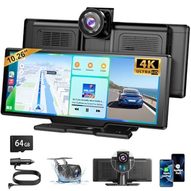 ESSGOO CarPlay Voiture, Supporte CarPlay sans Fil et Android Auto, Écran Tactile IPS 10,26 Pouces, Caméra Avant 4K et Caméra de Recul 1080P, Bluetooth 5.3, GPS, FM, AUX, Mirror Link, Carte TF 64G