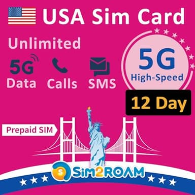 Carte SIM prépayée USA | Données Internet Haut débit 5G/4G LTE illimitées aux États-Unis (y Compris Hawaii) | Appels et SMS illimités aux États-Unis | Rechargeable ! (12 Jours)