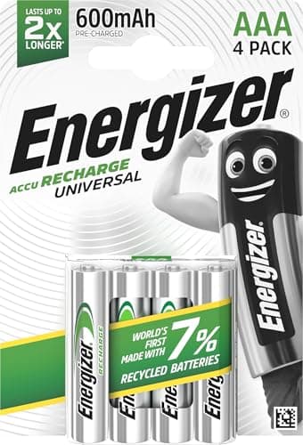 Energizer Recharge Universal - Piles Rechargeables AAA (Lot de 4) - 600 mAh NiMH - pré-chargées - Puissance Longue durée - 1000 Cycles - Emballage 100% Recyclable et sans Plastique