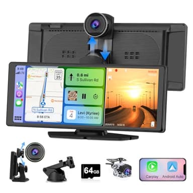 Hexinex CarPlay sans Fil et pour Carplay&Android Auto,avec Dashcam Avant 4K, Caméra Arrière 1080P, Portable, écran Tactile de 10,26 Pouce avec Bluetooth/GPS/FM/AUX/Lien Miroir/Carte TF 64G
