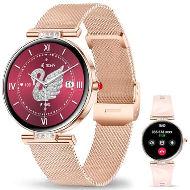 Montre Connectée Pour Femmes Petit Cadran Rond avec Fonction Téléphone Sport Surveillance de la Santé Notifications Par Application Suivi d'activité Bluetooth étanche pour Android IOS (Or rose)