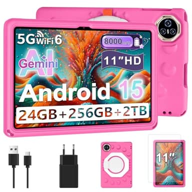 2026 Tablette Android 15, Tablette pour enfants avec EVA Silicone É‌tui Protection, 24Go+256Go/2To, Tablet 11 Pouces, Octa-Core, Gemini AI/Widevine L1, 8000 mAh, 13MP+5MP, Boîtier Métallique-Rose