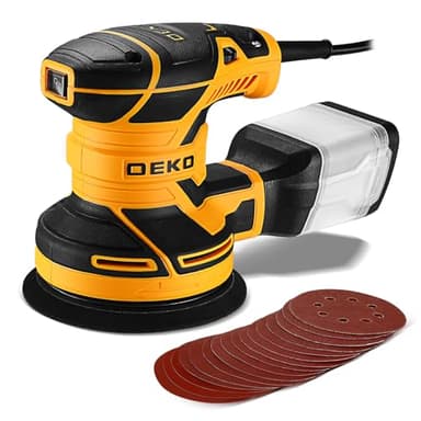 DEKOPRO 300W Ponceuse Orbitale Excentrique, 6 Vitesses, 14000RPM, Papier Abrasif 16 Pièces, Patin de Ponçage 125mm, Collecteur de Poussière, pour Surfaces en Bois et Acier