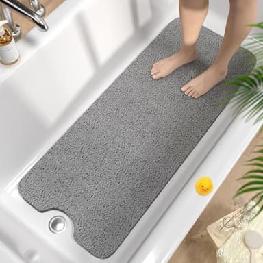 HITSLAM Tapis de Baignoire Antidérapant 100x40cm, Extra Long Tapis de Douche Antiderapant, Loofah en PVC Souple Tapis Antidérapant Baignoire, Séchage Rapide Tapis de Bain, sans Ventouse, Gris