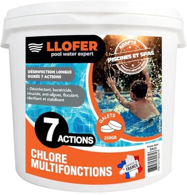 LLOFER - Chlore Multifonction en Galet de 250g - 5kg - Désinfection Longue Durée 7 en 1, Haute Teneur en Chlore (92%), Fabriqué en France
