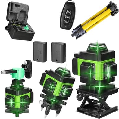 Niveau Laser 4 x 360°, 4D 16 Lignes, Rotatif Horizontal Vertical, Nivellement Automatique, avec Trépied, 2 Batteries Rechargeables