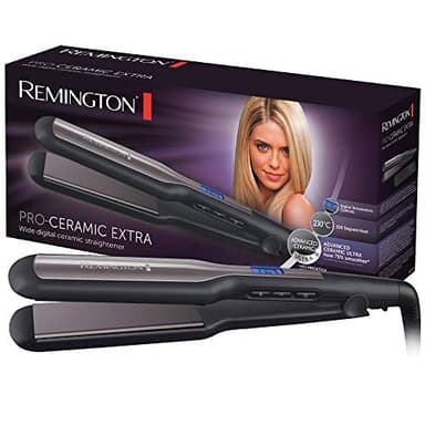 Remington Lisseur Cheveux [Plaques Larges 45mm] Pro-Ceramic Extra (Spécial cheveux épais, frisés, bouclés et longs | Céramique, Ecran LCD, 150-230°C, pochette) Fer à lisser S5525