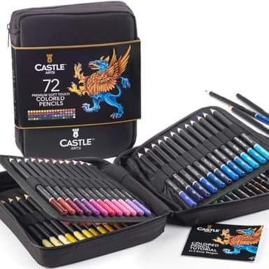 Castle Art Supplies Set de 72 Crayons de Couleur | Mines Tendres Colorées pour Adultes – Artistes, Professionnels et Coloristes | Rangés dans un Étui de Transport Zippé Soigné et Solide