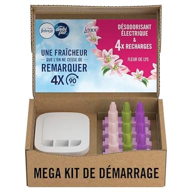 Febreze 3Volution Fleur De Lys Kit de Démarrage Désodorisant Électrique, Diffuseur + Recharge 80ml, Programmation Intelligente avec 3 Parfums en Alternance, Technologie OdourClear, Jusqu'à 90 Jours