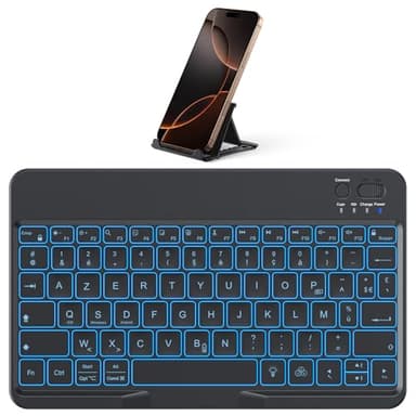 OMOTON Clavier sans Fil Bluetooth avec Support, Mini Clavier Portable Rétroéclairé Rechargeable Silencieux, Clavier AZERTY Français pour iOS Android Windows, Noir