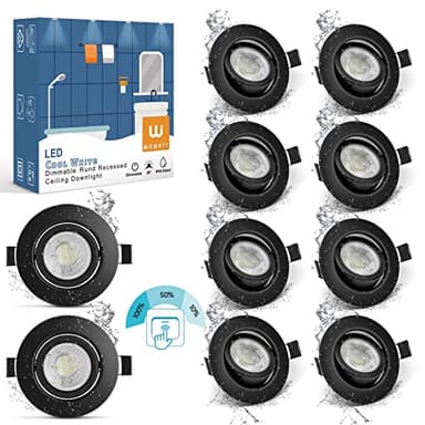 wowatt 10 × Spot LED Encastrable Dimmable Noir Salle de Bain, 7W Plafonnier Encastré IP44 Blanc Froid 6000K Equivalent 70W Halogène Lampe de Plafond Extra Plat 700lm Spots Encastrable Orientable Rond