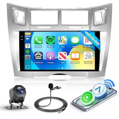 Hodozzy 4G+64GB Autoradio pour Toyota Yaris/Vizi 2005-2011 Android InCell Écran Tactile 9 Pouces Carplay Android Auto sans Fil, 2 Din Poste Radio Voiture GPS Bluetooth DSP WiFi FM RDS Caméra Recul