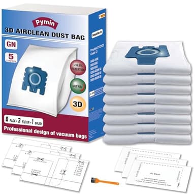 Pymin 8PCS sac à poussière 3D compatible avec le sac d'aspirateur miele GN pour Classic C1 complete C2 C3, S2 S5 S8 S400 S600 Series avec 4 filtres de protection du moteur et 4 filtres d'échappement