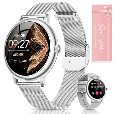 RUXINGX Montre Connectée Femme, Petite Ronde Écran Tactile AMOLED 1,19" avec Appel, Fonction Féminine Sommeil Fréquence Cardiaque SpO2 120+ Sports Podomètre IP68 Calories, Android iOS Argent Cadeau