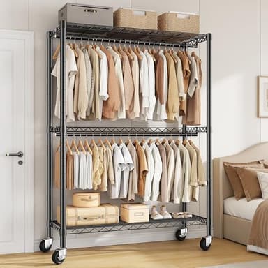 Klyvvo 90*40*200 Portant à Vêtement Double Barre avec Plateaux Réglables en Hauteur, Penderie Vêtement Dressing Charge Lourde 150kg, Portant Vêtement Solide à Roulettes, pour Présentation et Rangement