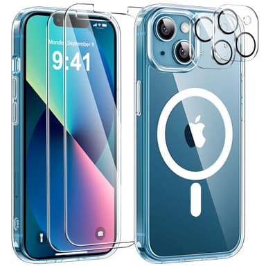 YisrLery 5 in 1 Coque pour iPhone 13 Aimantée avec 2 Verres Trempés et 2 Caméra Protecteur, Compatible MagSafe Dos Anti Rayures Coque Magnétique Antichoc TPU Bumper 6,1’’ Case (Transparent)