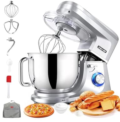 CHeflee Robot Pâtissier 2000W Robot Pétrin Professionnel 7.2 L Faible Bruit Robot de Cuisine Multifonction avec Fouet Batteur Crochet Bol d'Acier Inoxydable,6 Vitesses