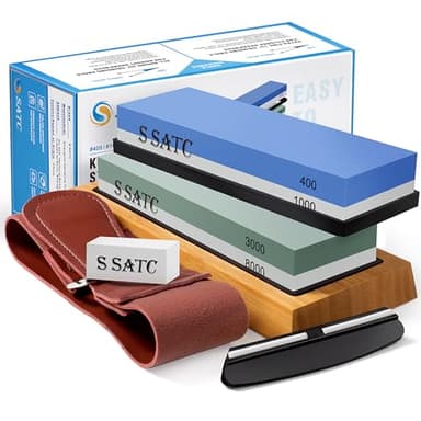 S SATC Pierre à aiguiser 8 EN 1 Set d‘affûtage Grain 400/1000/3000/8000 Pierre à aiguiser Aiguiseur de couteaux avec support antidérapant, pierre à aplatir, guide d'angle, lanière en cuir
