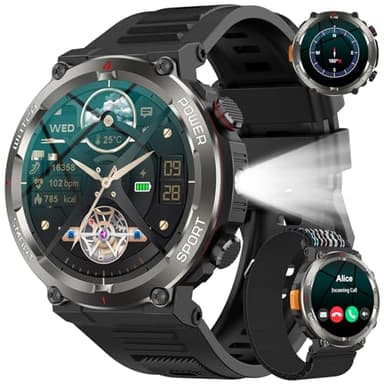 Montre Connectée Homme, Militaire Smartwatch Appels Bluetooth, Torche LED, 1.45'' HD, Batterie 960mAh, Fréquence Cardiaque, Sommeil, SpO2,120+ Modes Sportifs, Étanche IP68, 2 Sangles, Android iOS