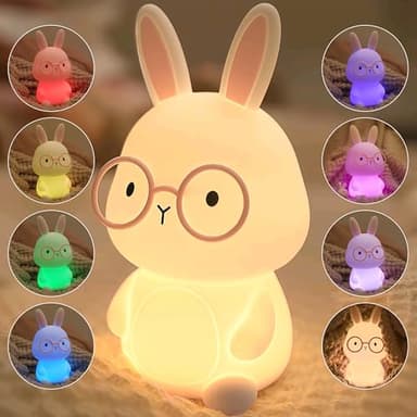 FAMIDUO Veilleuse Enfants Lapin Lampe, Silicone Veilleuse Bébés,Tactile Lumiere d'allaitement Dimmable avec 7 Couleurs, Veilleuses animaux LED Rechargeable Cadeaux pour enfants garçons et filles