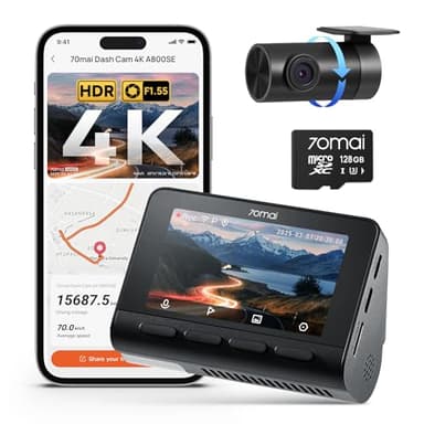 70mai Dash Cam Voiture 4K A800SE - Caméra Double (4K UHD Avant+1080P Arrière) avec GPS, Wi-FI, microSD 128GB Go, Ouverture F1.55, Vision Nocturne, ADAS, Écran IPS 3", Surveillance Stationnement 24/7