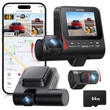 Jzones Dashcam 3 Canaux 4K, Enregistrement 4K+1080P+1080P, Dashcam Voiture Avant Arrière et Intérieure avec Vision Nocturne STARVIS 2 et HDR, Surveillance Stationnement 24H, Capteur G, WiFi 6 et GPS