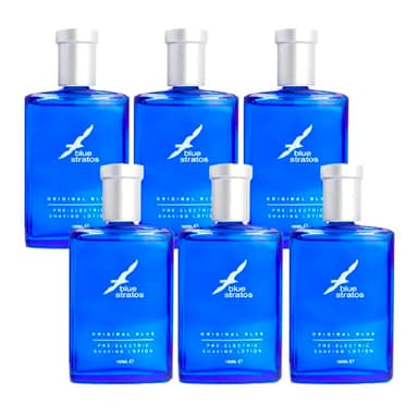 Blue Stratos Lot de 6 lotions de rasage pré-électriques, bleu original pour homme, soulève la barbe et réduit les irritations, effet rafraîchissant, parfum classique de bois de cèdre, vanille et musc