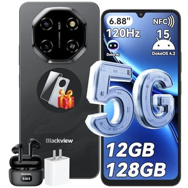 Blackview Shark 6 Telephone Portable 5G, Smartphone Pas Cher 6.88'' HD 120Hz, Android 15, Unisoc T8100, 12GB+128GB/2TB TF, 5000mAh, 16MP+8MP, Smartphone 5G Dual SIM/OTG/NFC/Face ID/Fingerprint