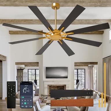 Depuley Grand ventilateur de plafond sans éclairage: Ventilateurs de plafond extérieurs 72 pouces à 8 pales avec commande via application mobile - Grand ventilateur noir et doré sans éclairage